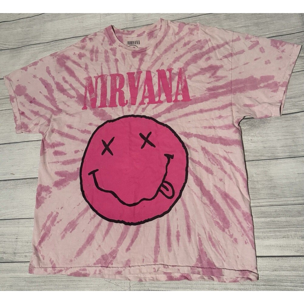 Nirvana Happy Face Rare Pink Graphic T-shirt Men XL Pink Tie Dye Short Sleeve